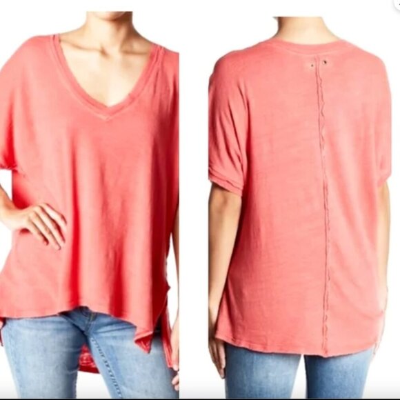 We the Free by FP " Take Me" boyfriend v-neck burnout tee destructed melon MD - Picture 1 of 5